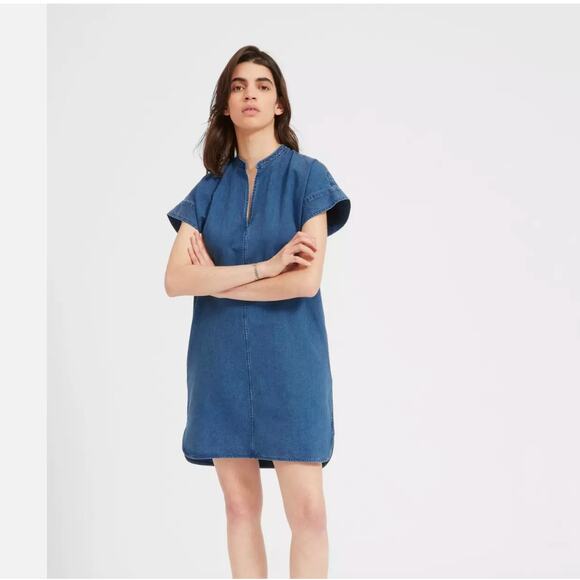 Everlane The Splitneck Jean Denim Boxy Shift Above Knee Dress sz 4 Small - Picture 1 of 8